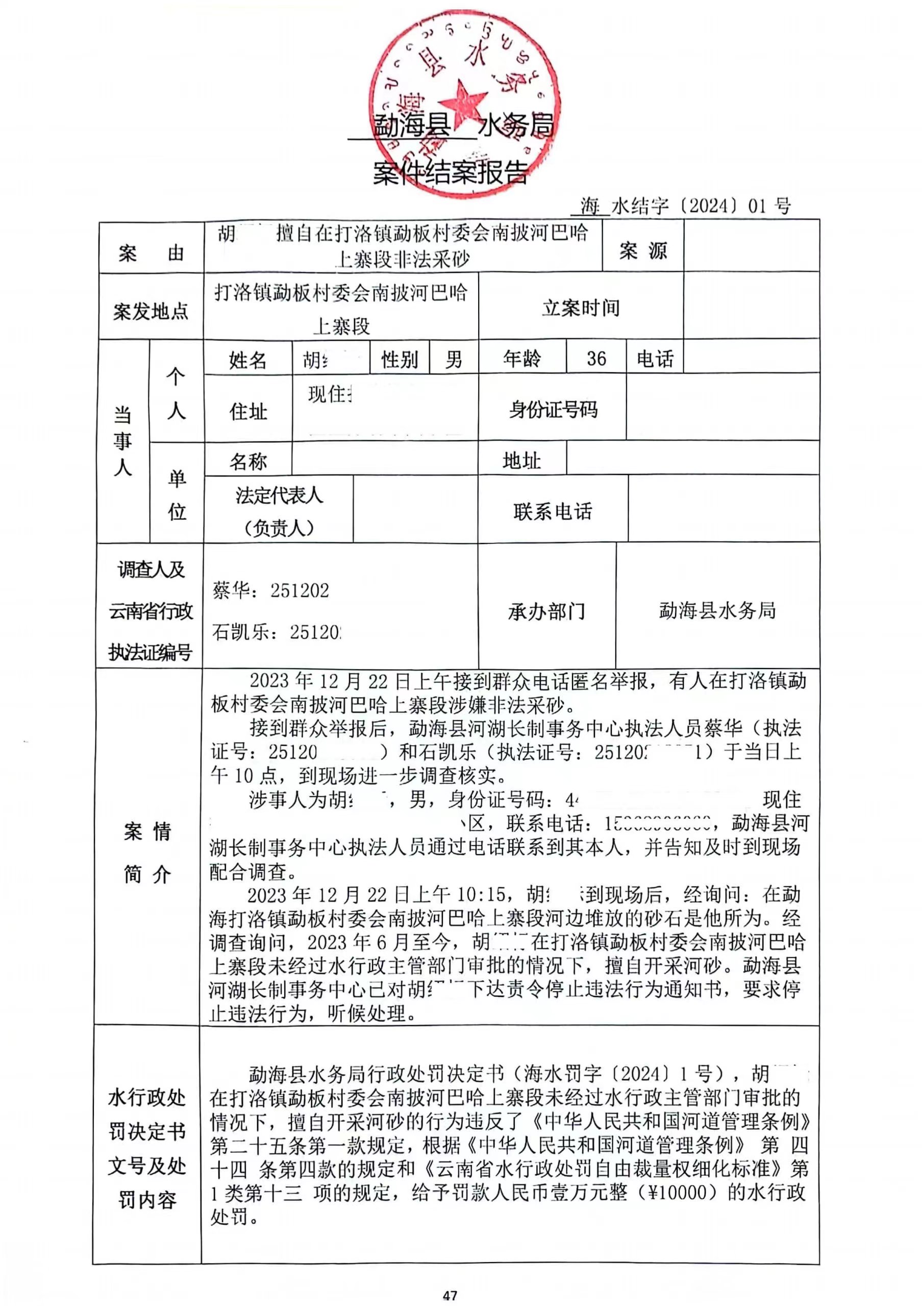 勐海县水务局2024年上半年行政处罚公示
